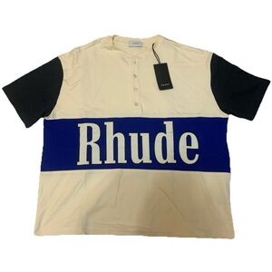 Rhude Panel Henley t-shirt in the cream and blue sz Medium